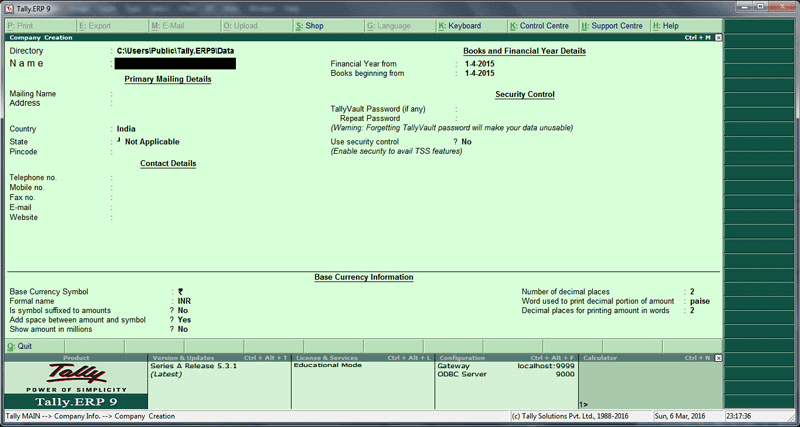company creation screen in tally