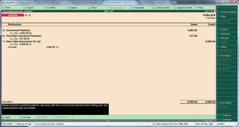journal voucher of Tally ERP 9