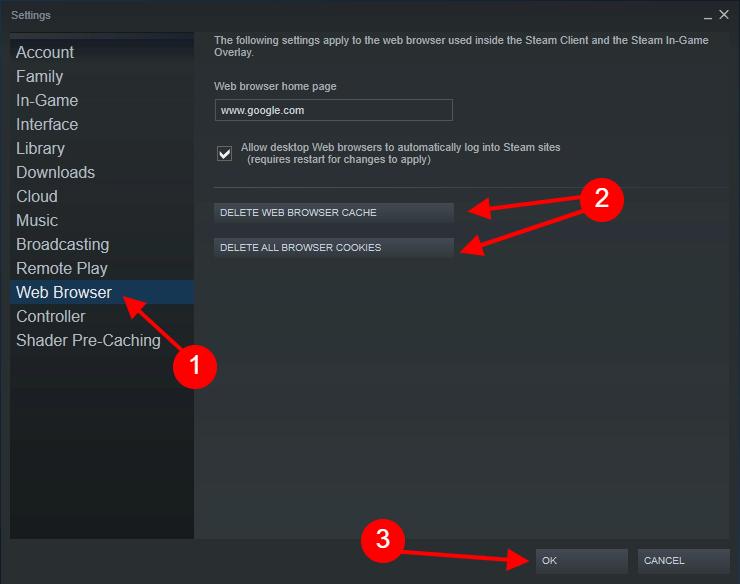 clear steam cache and cookies