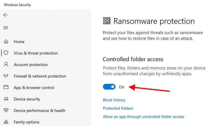 disable ransomware protection windows 10