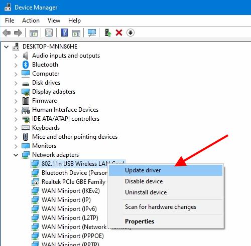 update network adapter driver windows 10