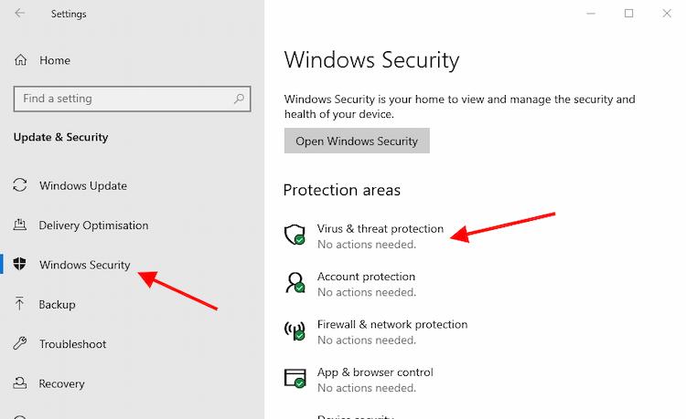 virus and threat protection settings