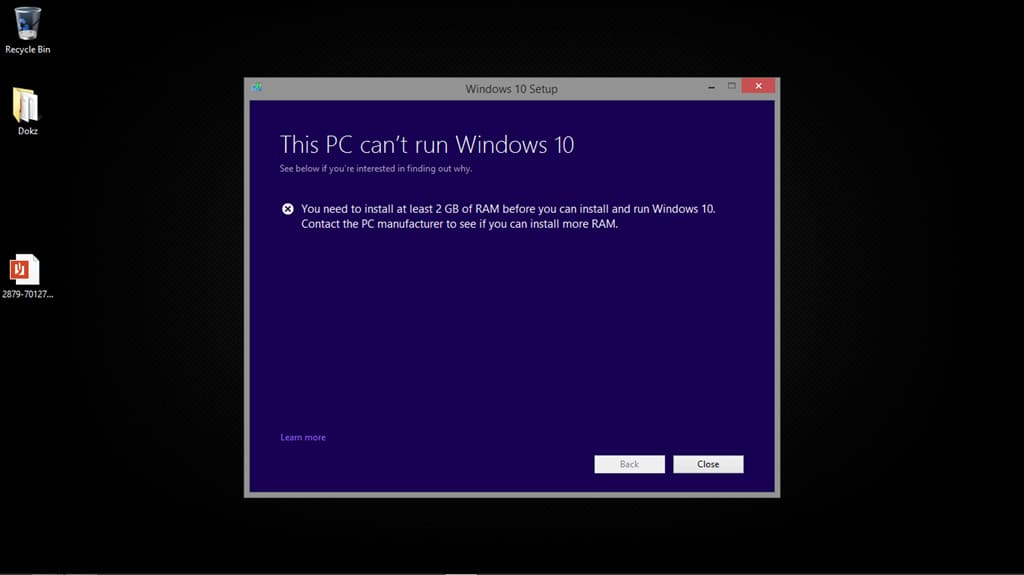 Can't run window 10